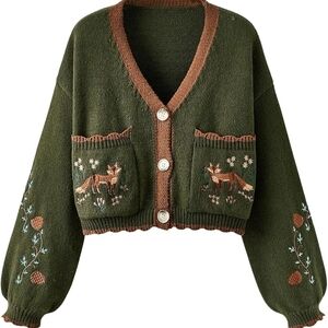 Embroidered Country Fox And Flower Cottage Core Cardigan